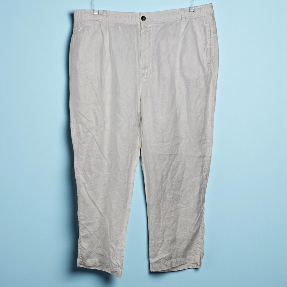 28 Palms White 100% Linen Pants Men XXL Flat Front Elastic Waist Casual Trousers